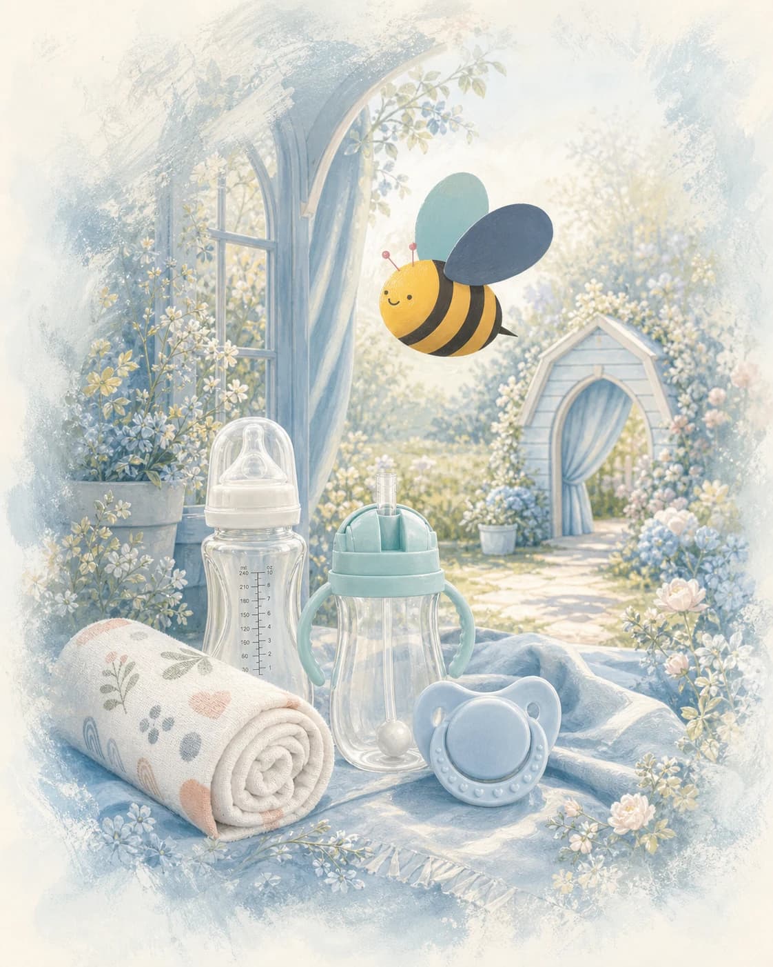 Blue pastel garden welcoming families into the Baby Bee Blossom hive