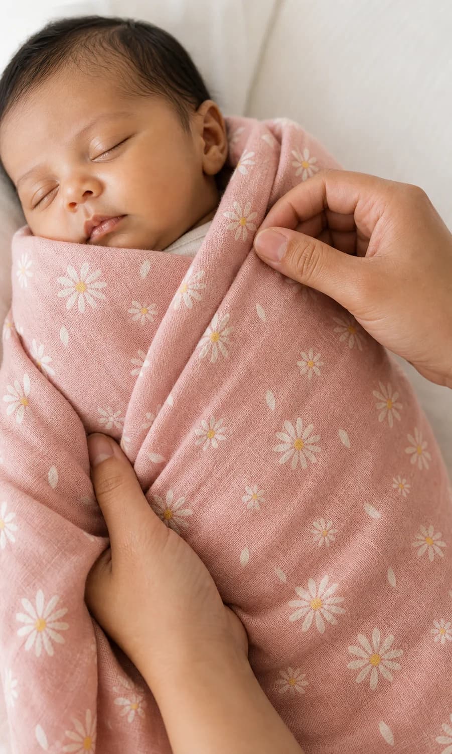 Close-up parent testing photo of a soft muslin swaddle being adjusted