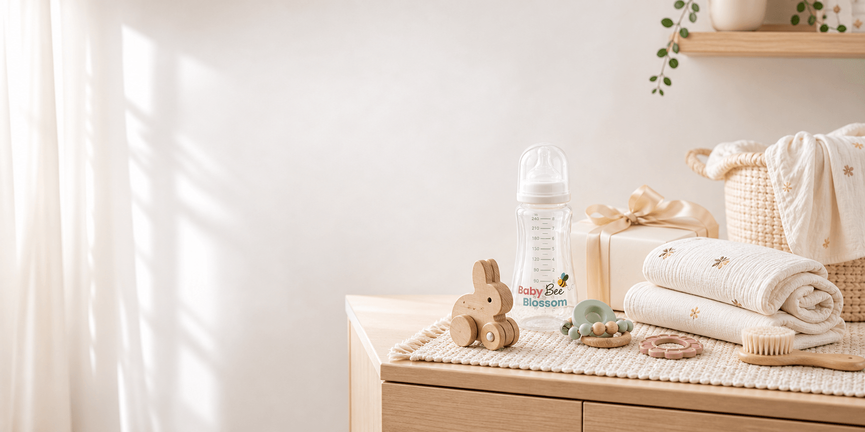 Curated baby essentials with a Baby Bee Blossom branded feeding bottle
