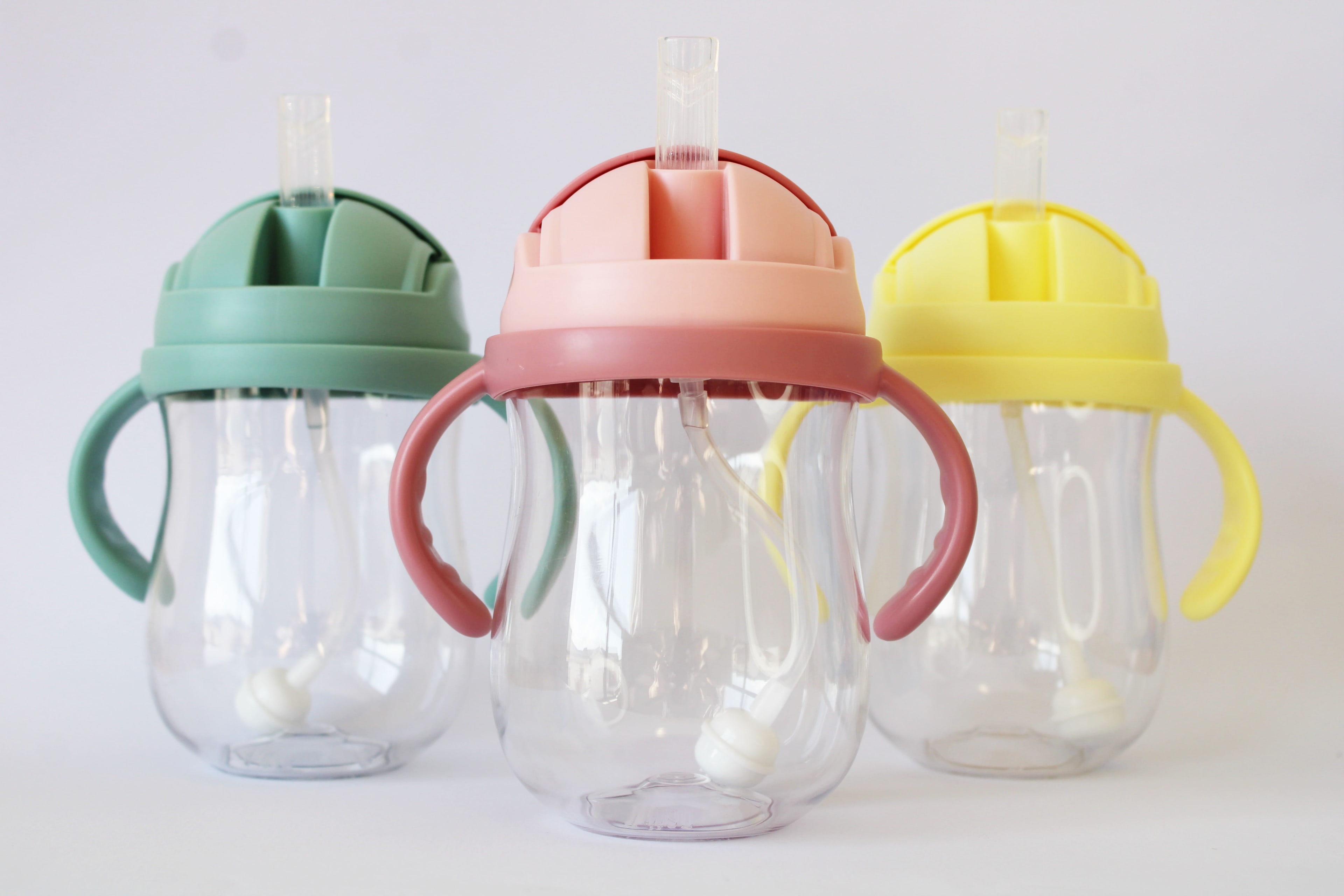 Baby Bee Blossom training sippy cups in sage blue blush pink and duck yellow